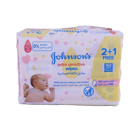 Johnson's Fragrance Free Baby Wipes 2+1 Free 56s [Special Offer] - Available at Alosra Online Supermarket