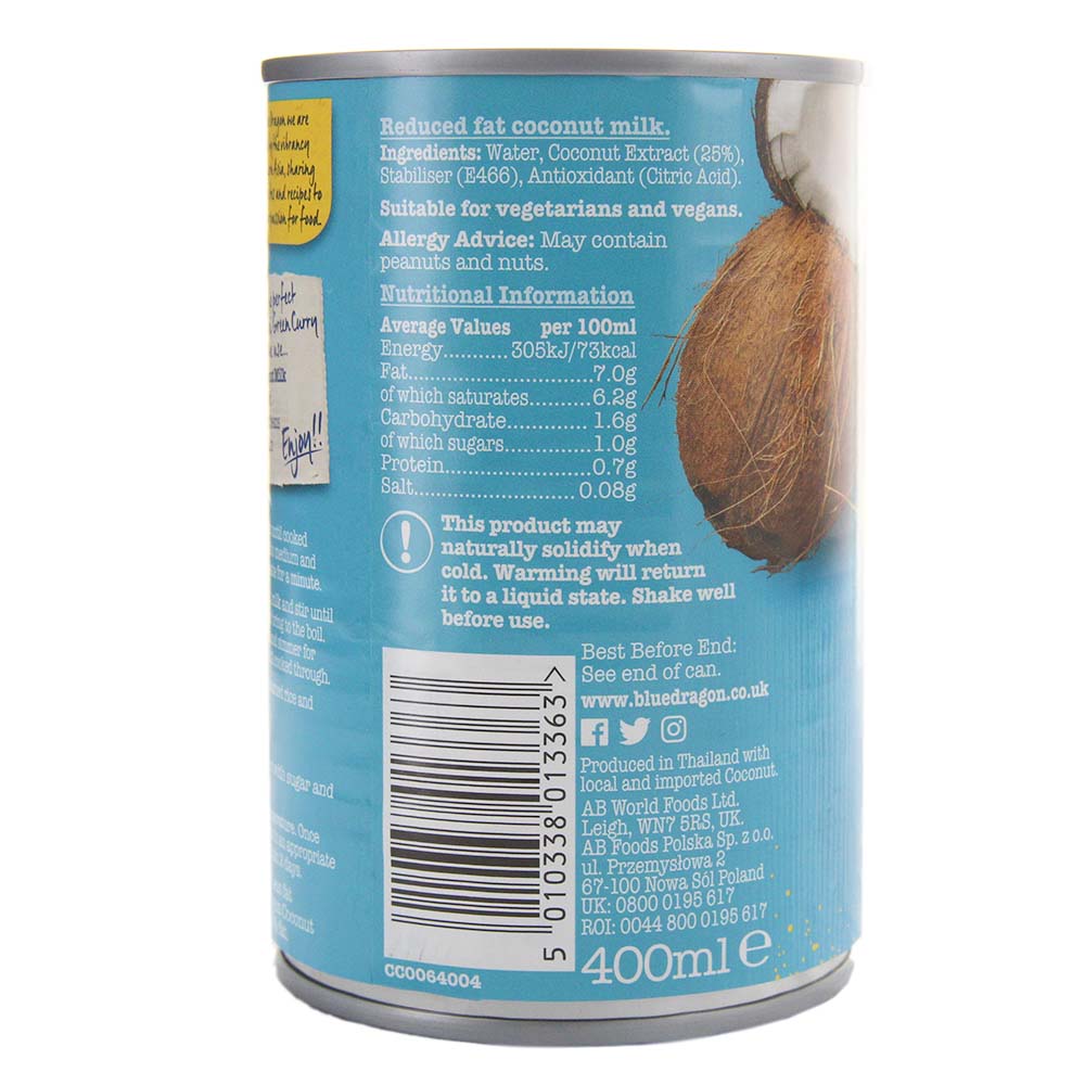 Blue Dragon Light Coconut Milk 400ml- Product ingredients image