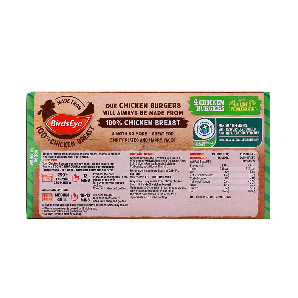 Birds Eye 4 Chicken Burgers 200g [Non Halal] [Contains Pork] back image