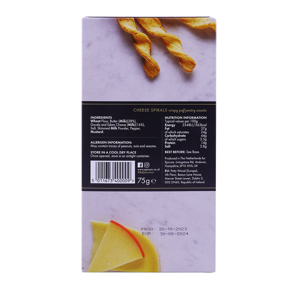 Epicure Cheese Spirals 75g back image