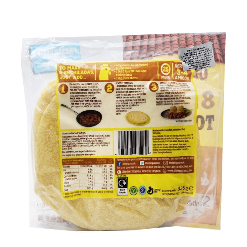 Old El Paso 8 Regular Corn & Wheat Tortillas 335g back image