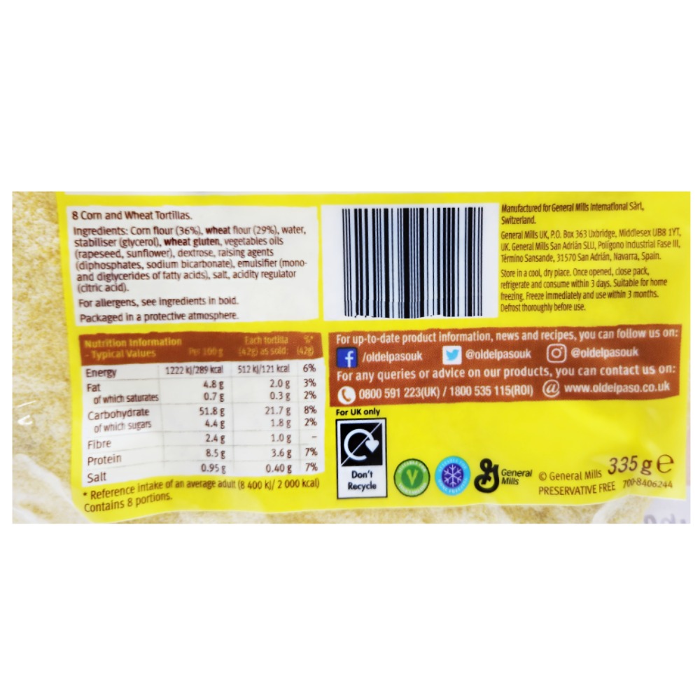 Old El Paso 8 Regular Corn & Wheat Tortillas 335g right side image