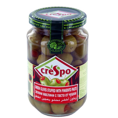 Crespo Green Olives Stuffed With Pimento Paste 354g - Available at Alosra Online Supermarket