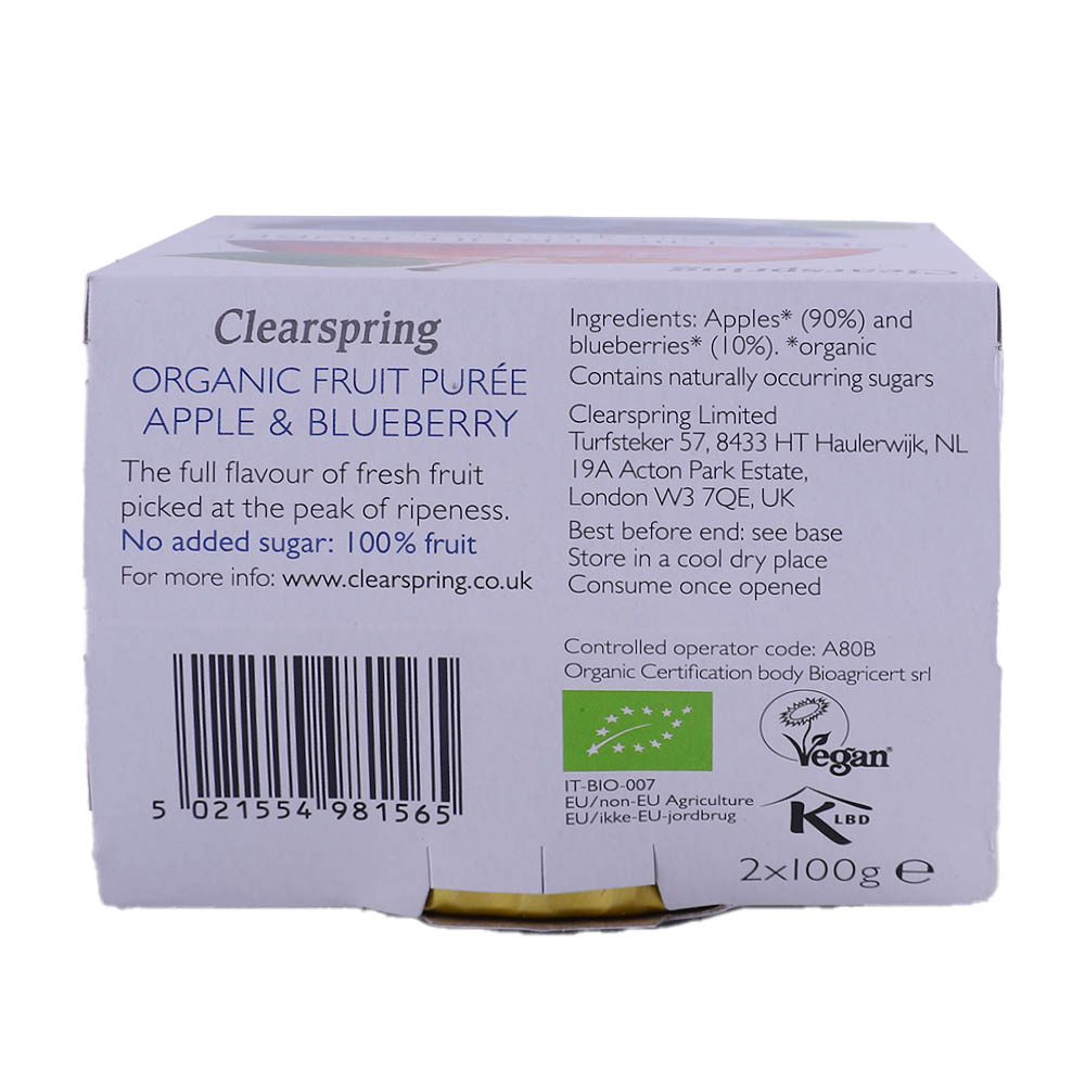 Clearspring Organic Apple & Blueberry Fruit Puree 2x100g back image