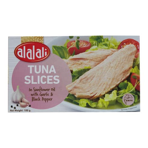 Al Alali Tuna Slices in Sunflower Oil With Garlic & Black Pepper 100g - Available at Alosra Online Supermarket