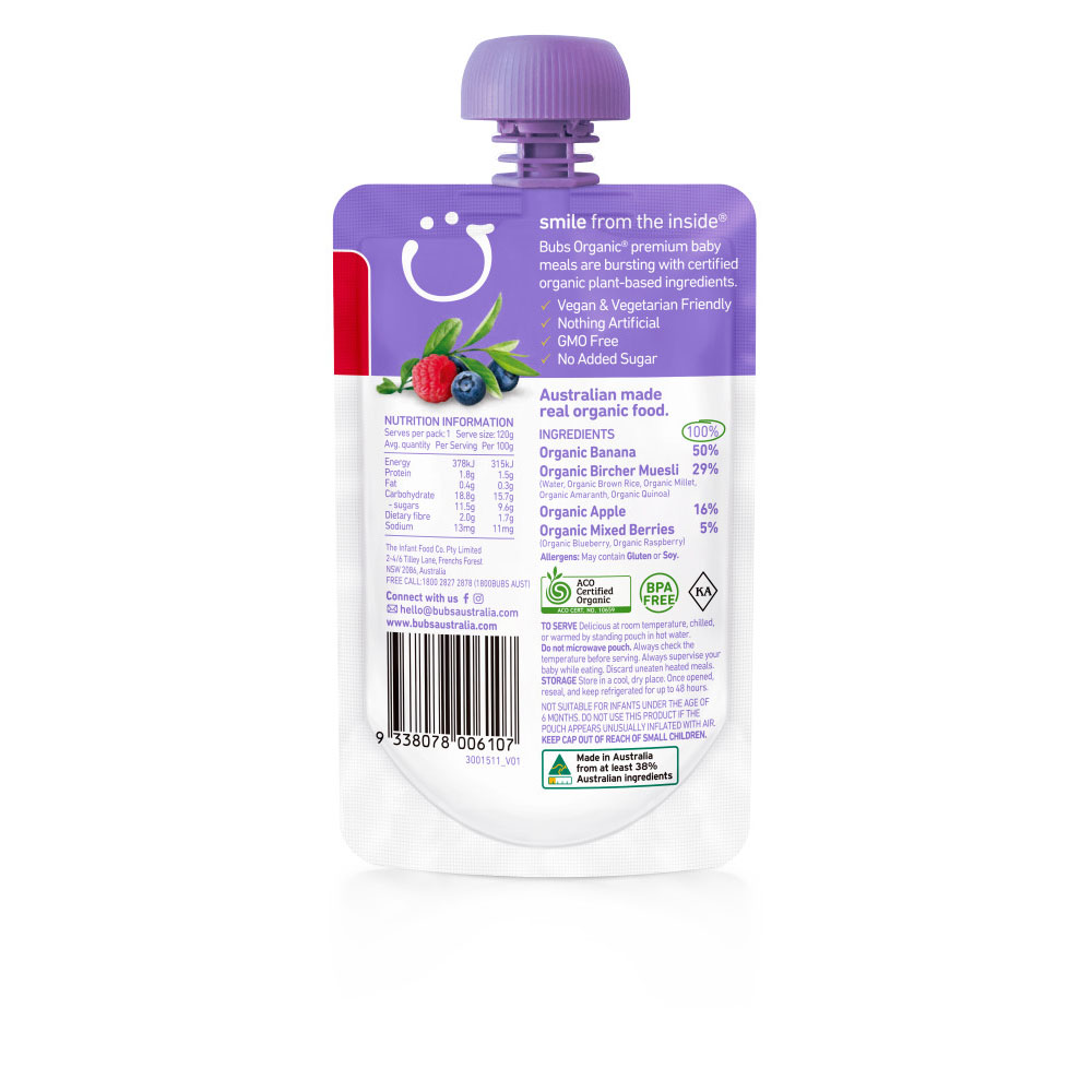 Bubs Organic Berry & Banana Bircher Muesli 120g back image