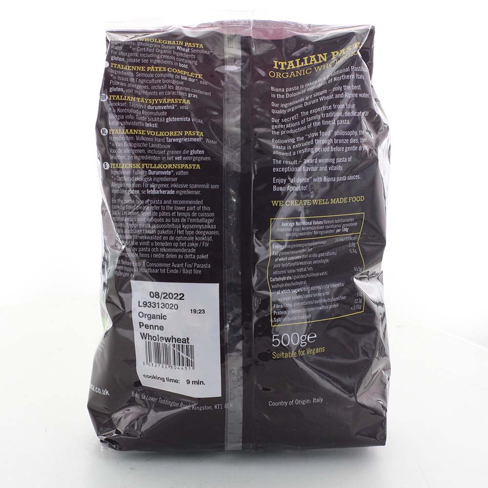 Biona Organic Wholegrain Penne Pasta 500g back image