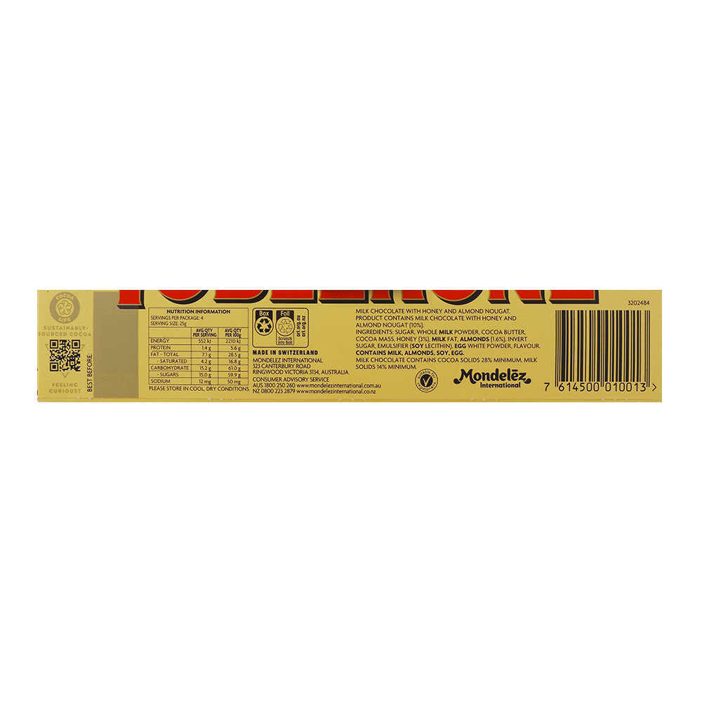 Toblerone Milk Chocolate with Honey & Almond 100g back image