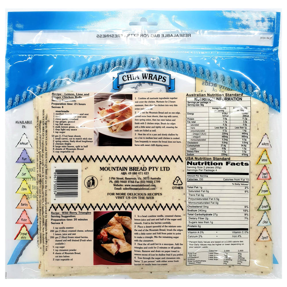Mountain Bread Chia Wraps 200g back image