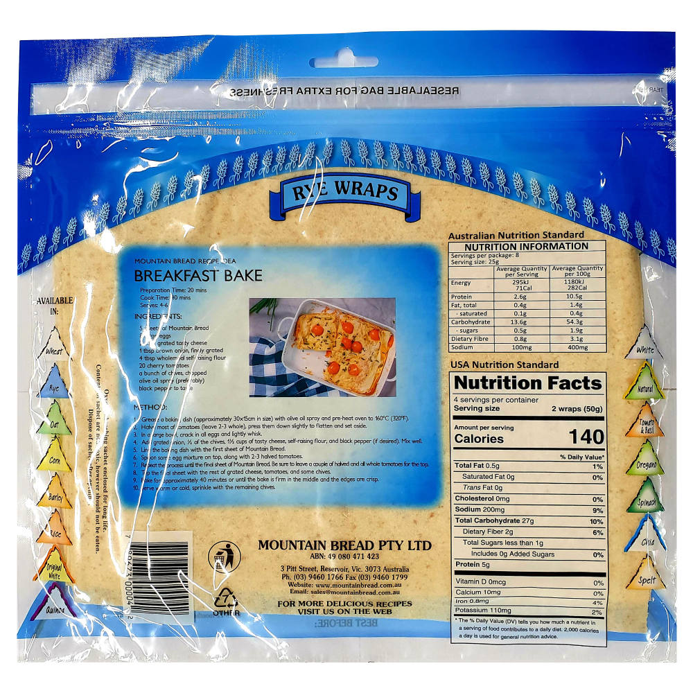 Mountain Bread Rye Wraps 200g back image