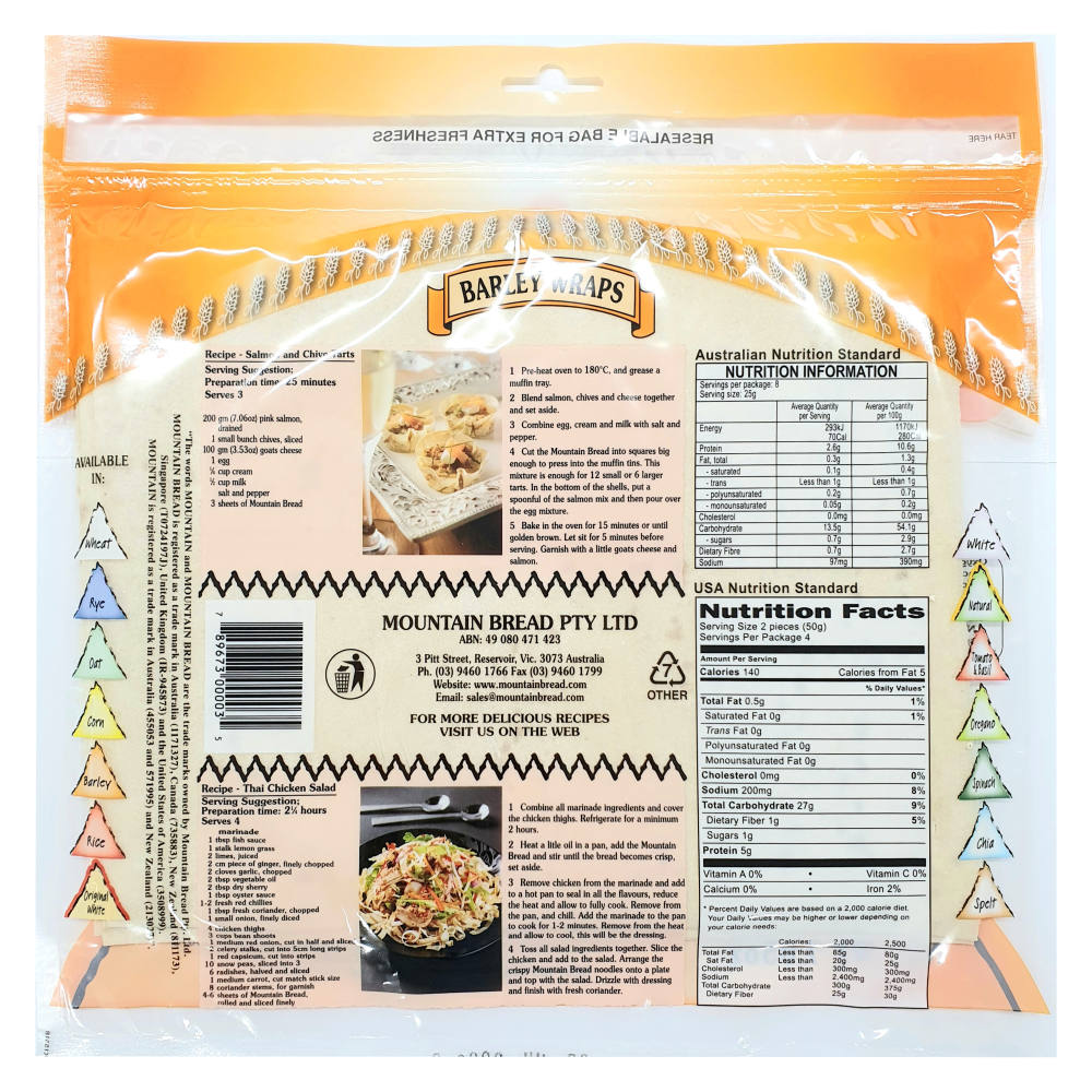 Mountain Bread Barley Wraps 200g back image