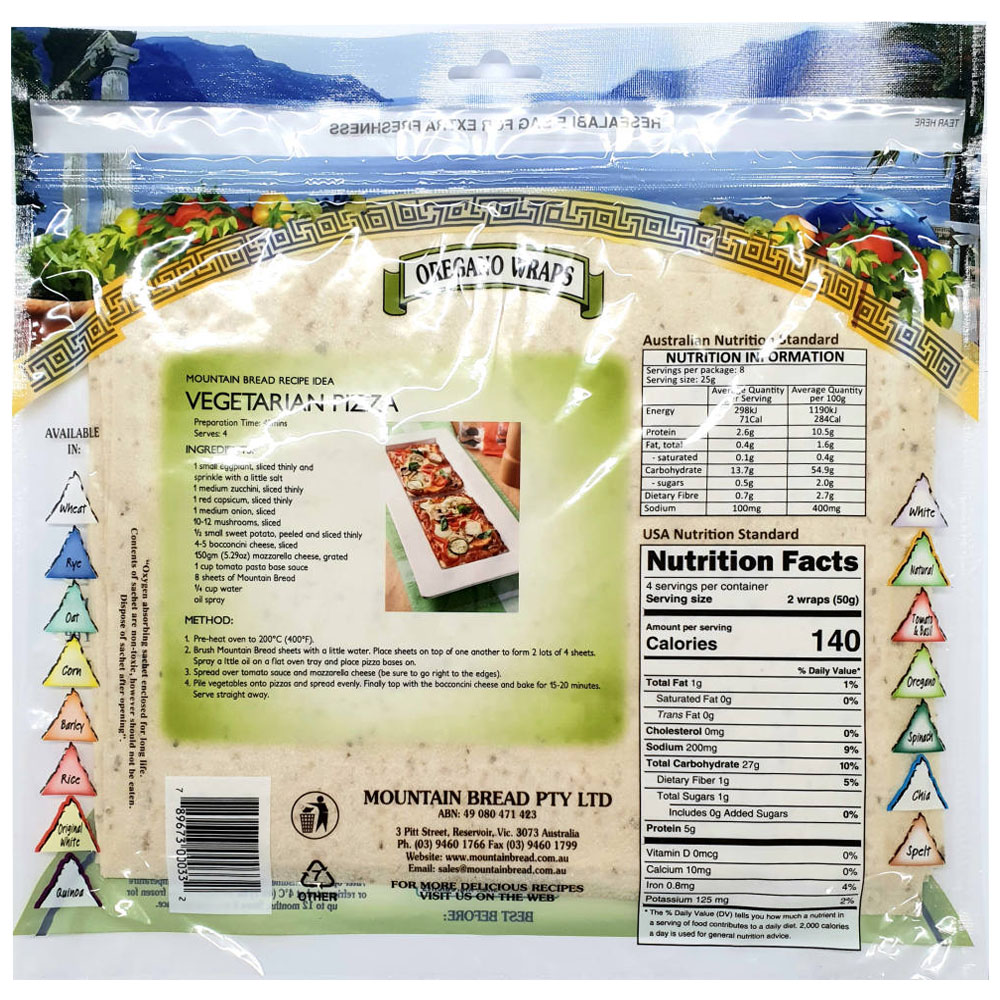 Mountain Bread Oregano Wraps 200g back image