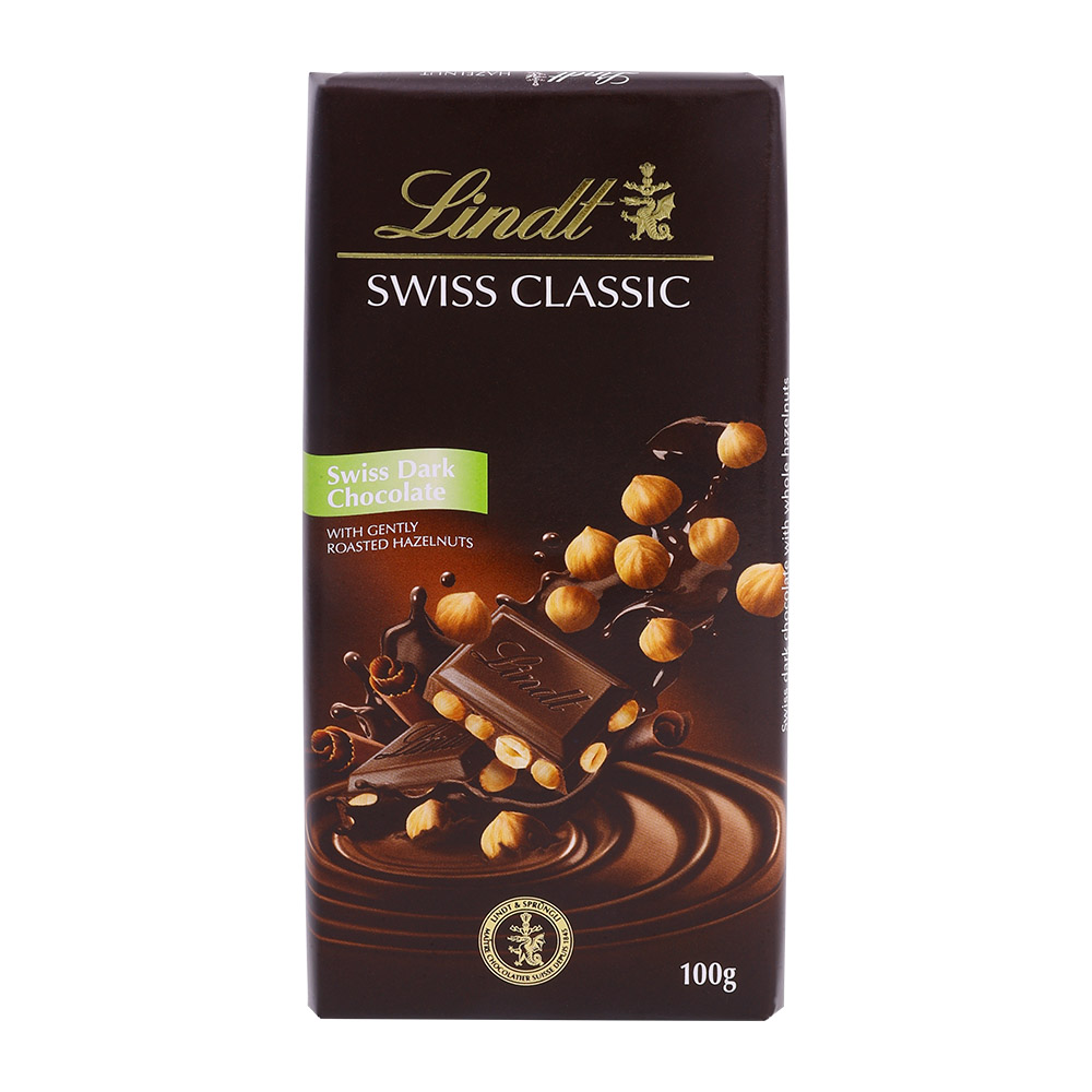 Lindt Swiss Dark Hazelnut Chocolate 100g - Available at Alosra Online Supermarket