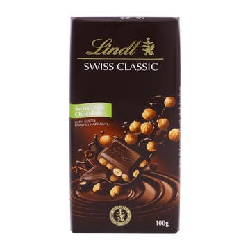 Lindt Swiss Dark Hazelnut Chocolate 100g - Available at Alosra Online Supermarket