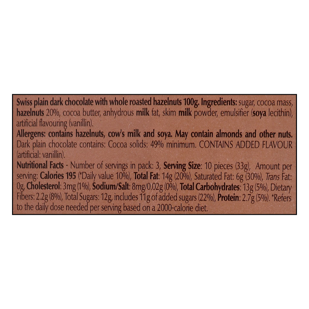 Lindt Swiss Dark Hazelnut Chocolate 100g right side image