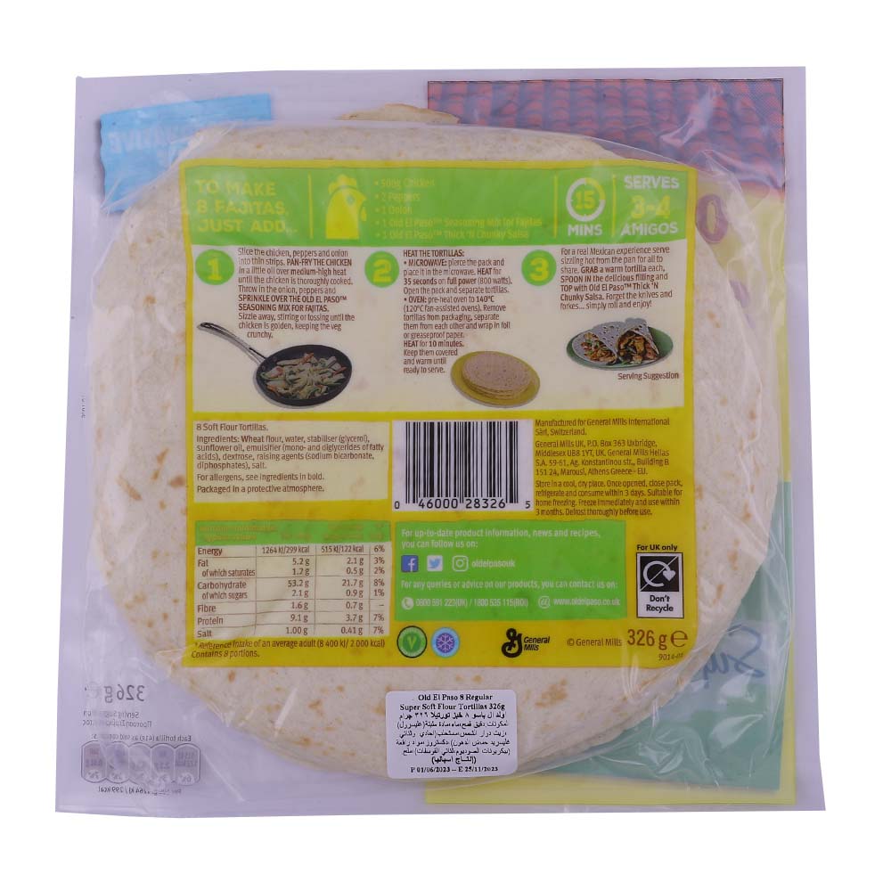 Old El Paso Flour Tortillas 8's 326g back image