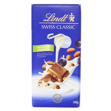 Lindt Swiss Classic Milk Chocolate With Raisins, Hazlenuts & Almonds 100g - Available at Alosra Online Supermarket