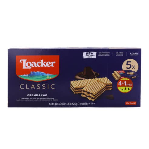 Loacker Classic Cremkakao Wafers 5x45g [4+1 Free] - Available at Alosra Online Supermarket