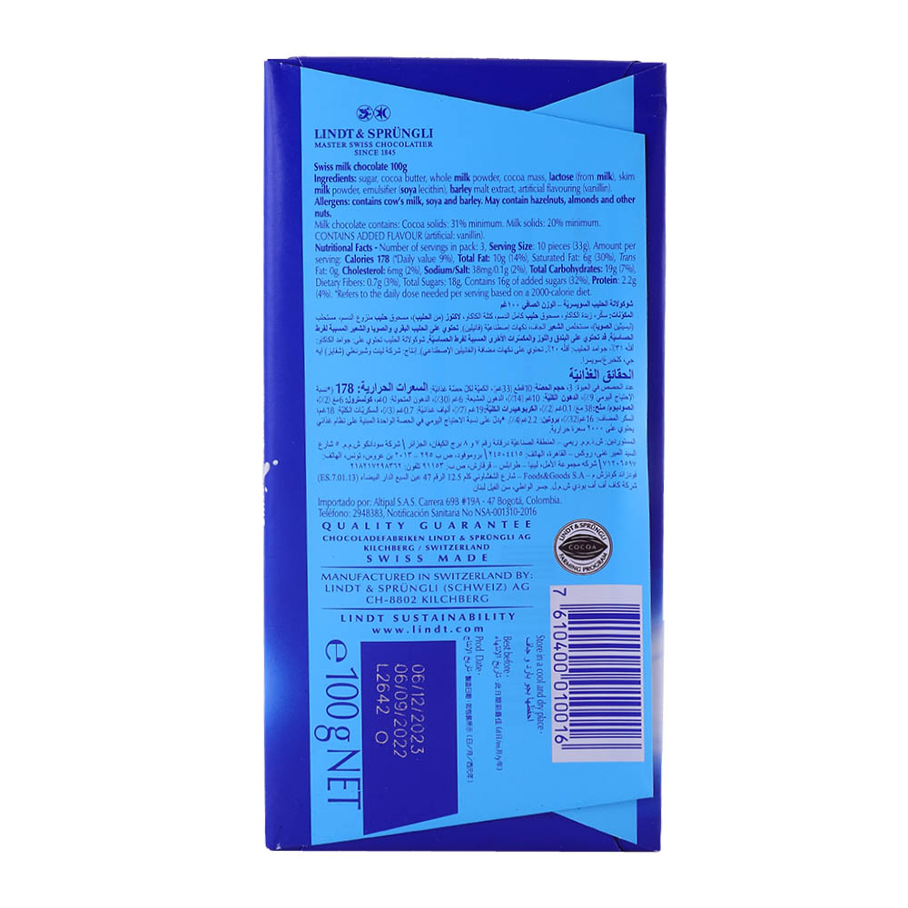 Lindt Swiss Classic Milk Chocolate 100g back image