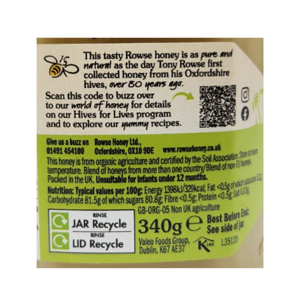 Rowse Organic Set Honey 340g back image