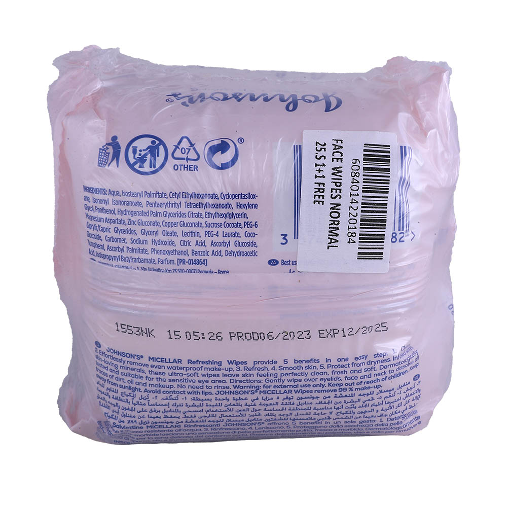 Johnson's Refreshing Face Wipes 25's 1+1 Free [Special Offer] back image