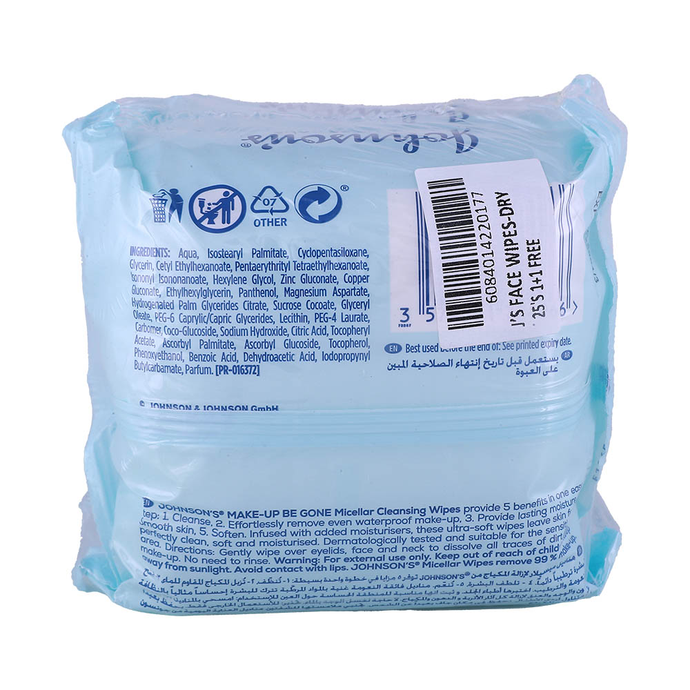 Johnson's Nourishing Dry Face Wipes 25's 1+1 Free [Special Offer] back image