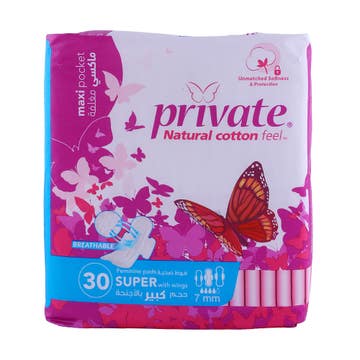 Private Natural Cotton Feel Sanitary Pads 6x30's - Available at Alosra Online Supermarket