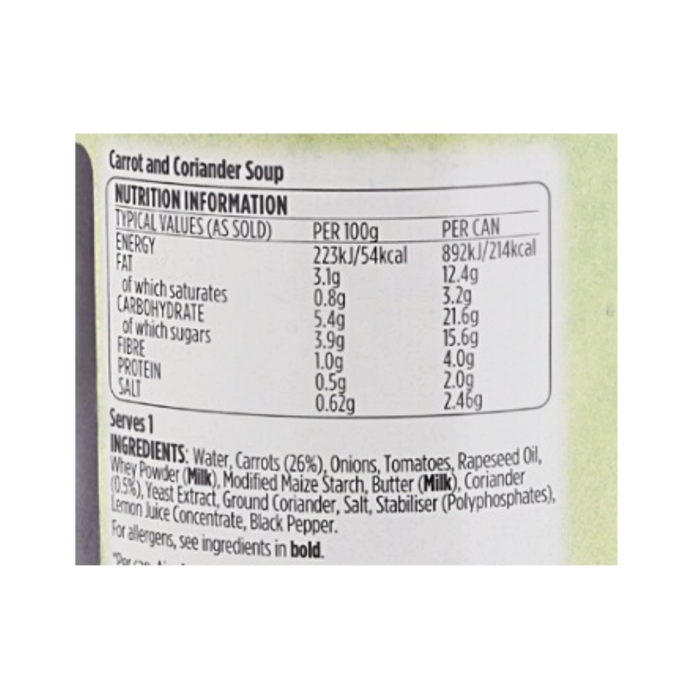 Baxters Carrot & Coriander Vegetarian Soup 400g back image