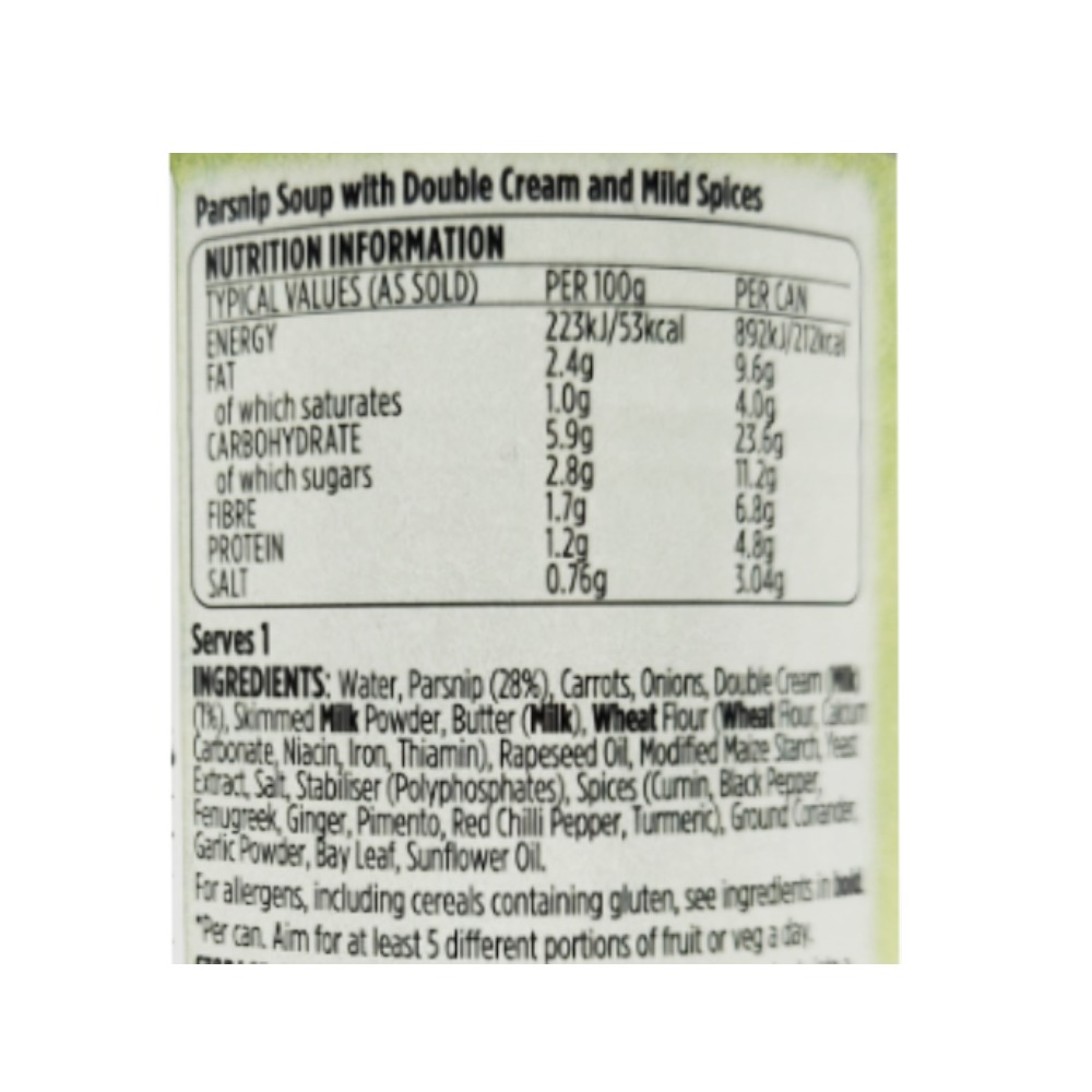 Baxters Spicy Parsnip Vegetarian Soup 400g back image