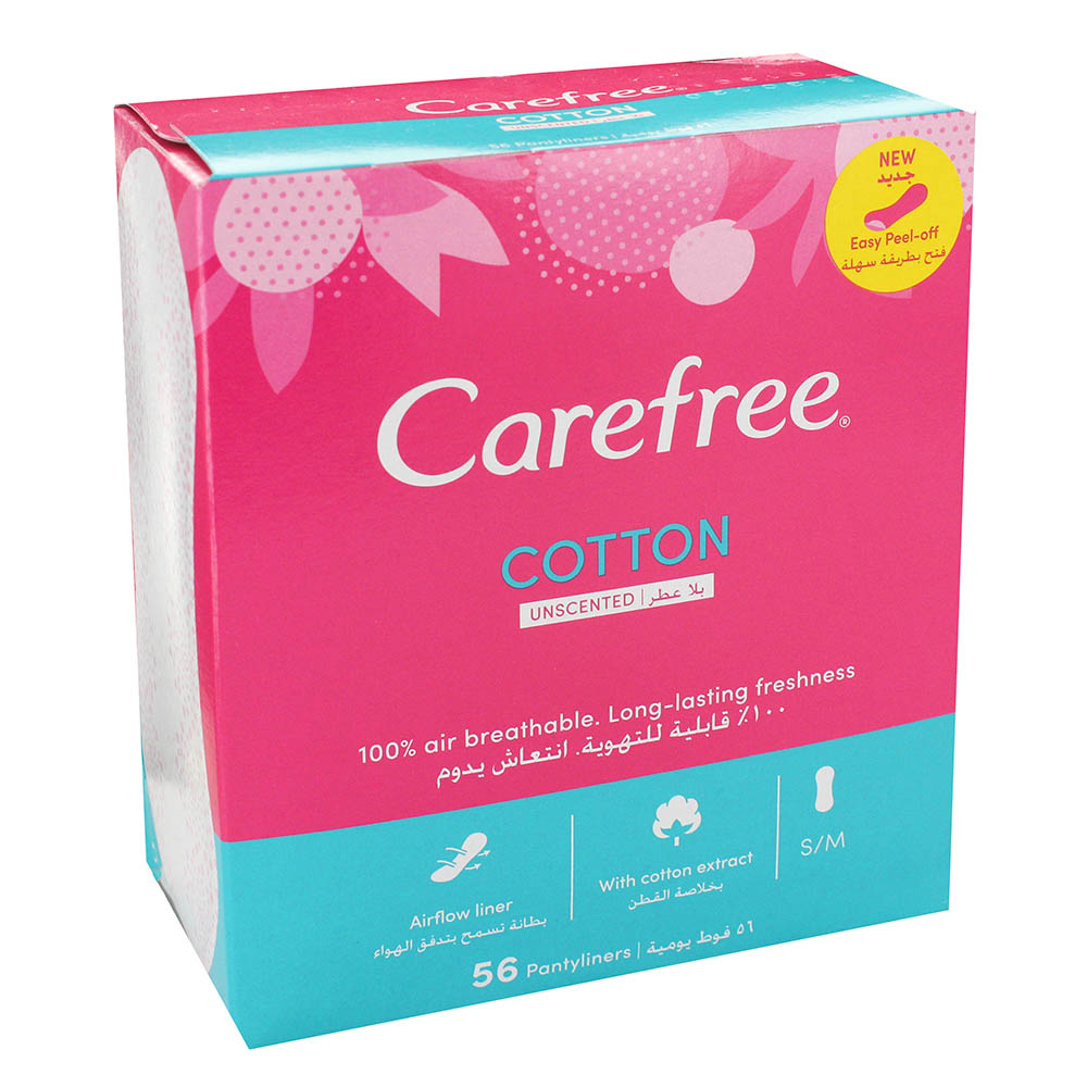 Carefree Cotton Unscented Pantyliner 56's - Available at Alosra Online Supermarket