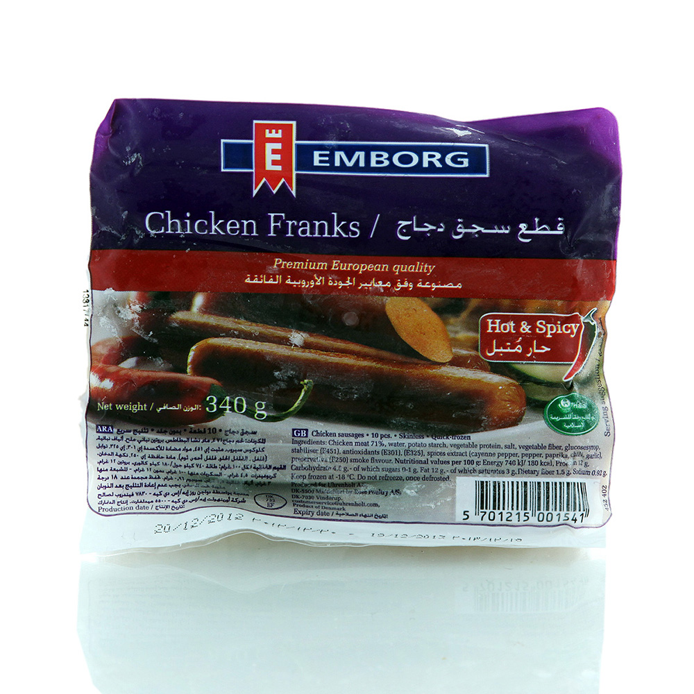 Emborg Hot & Spicy Chicken Franks 340g - Available at Alosra Online Supermarket