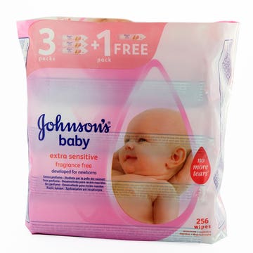 Johnson's Extra Sensitive Fragrance Free Baby Wipes 64's 4 Pack - Available at Alosra Online Supermarket
