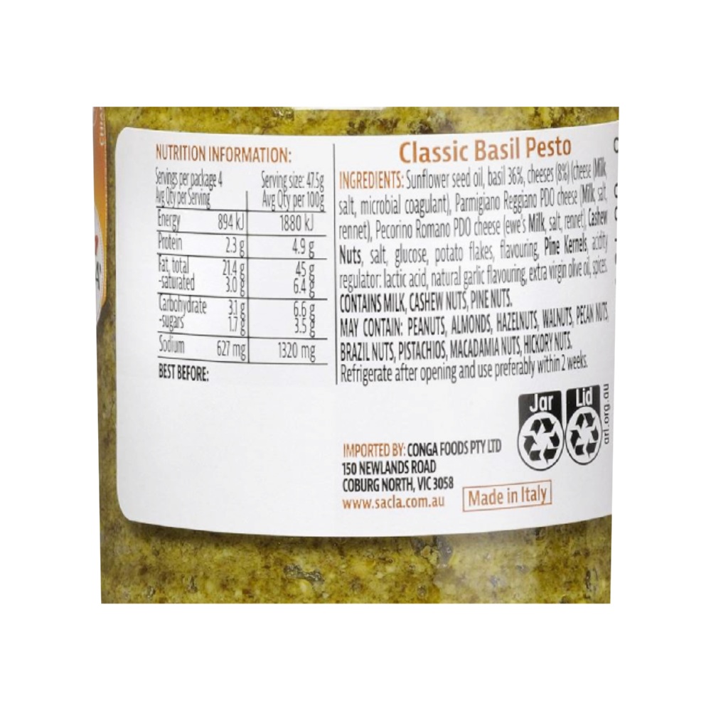 Sacla Classic Basil Pesto 190g back image