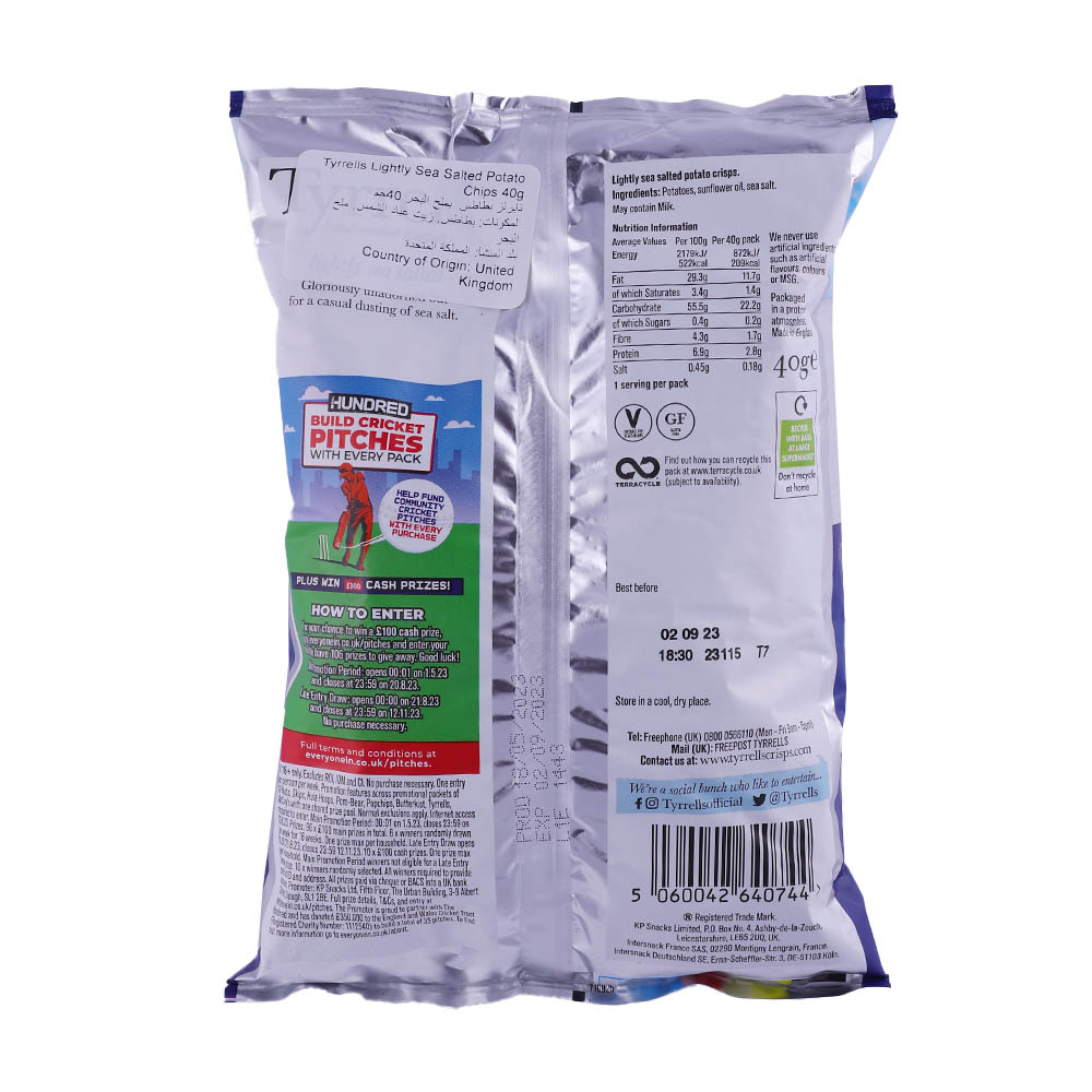Tyrrell's Lightly Sea Salted Chips 40g back image