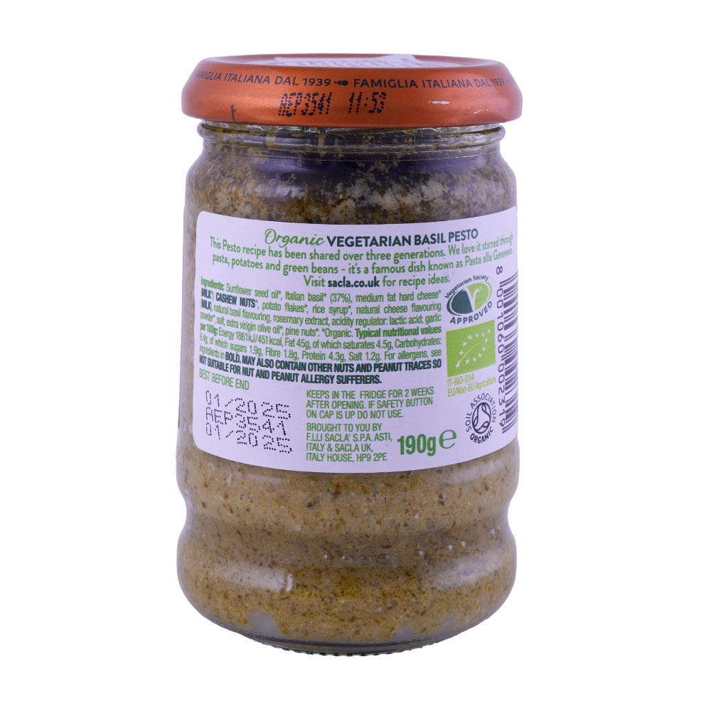 Sacla Organic Vegetarian Basil Pesto 190g back image