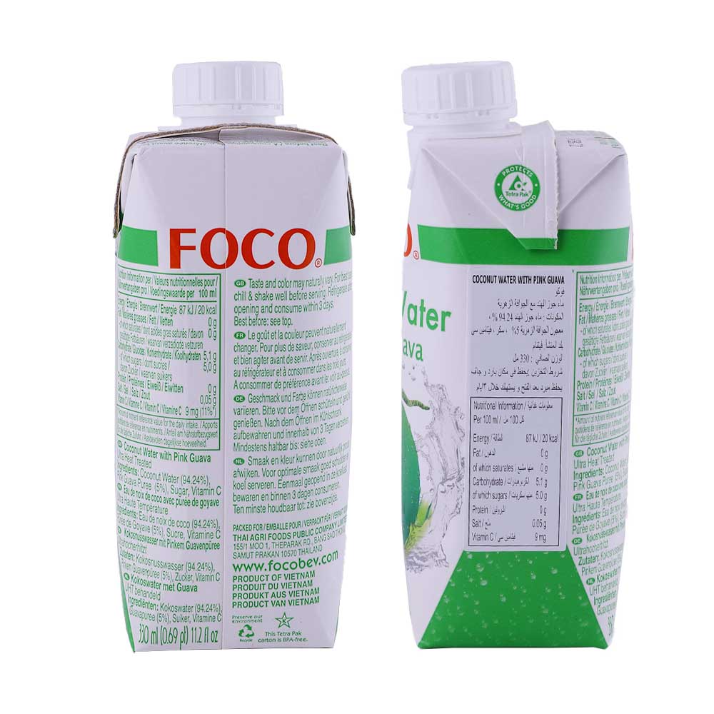 Foco UHT Coconut Water With Pink Guava Tetra 330ml back image