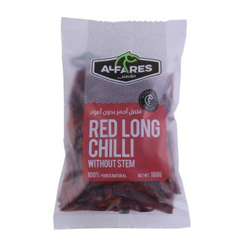 Al Fares Red Long Chilli Without Stem 100g - Available at Alosra Online Supermarket
