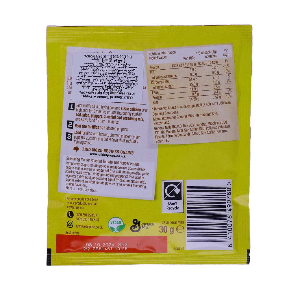 Old El Paso Roasted Tomato & Pepper Fajita Seasoning Mix 80g back image