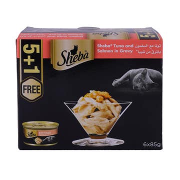 Sheeba Flaked Tuna Topped With Salmon In Gravy 6x85g [Special Offer] - Available at Alosra Online Supermarket