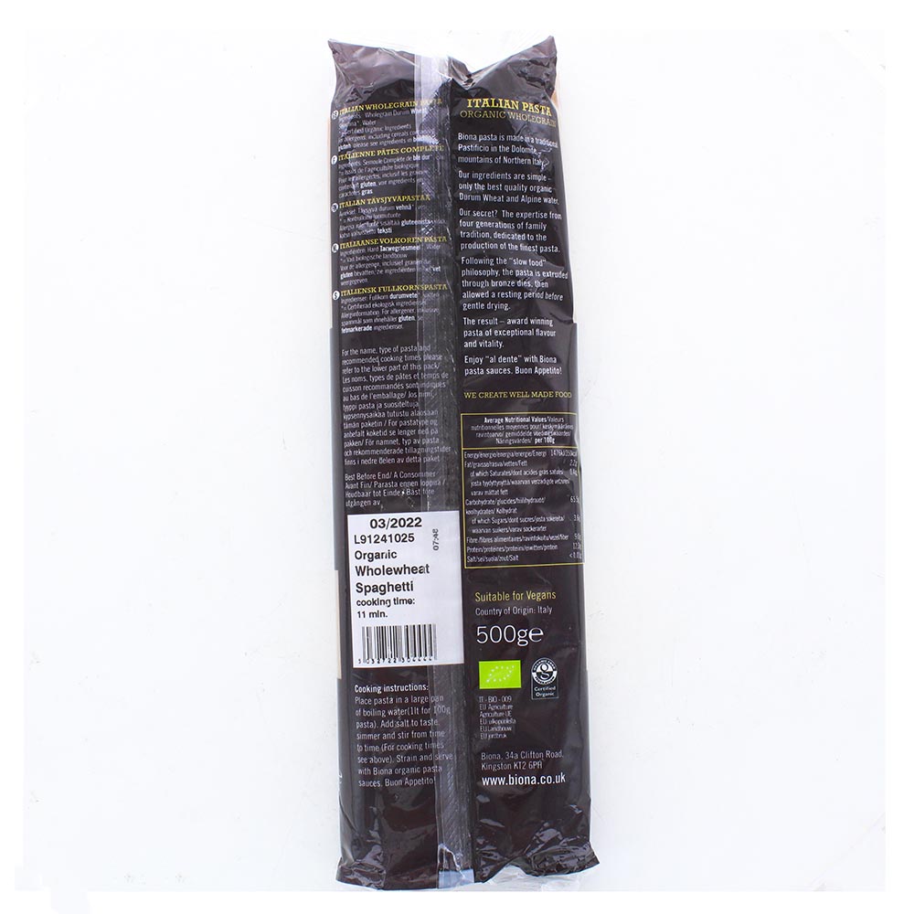 Biona Organic Whole Wheat Italian Pasta 500g back image