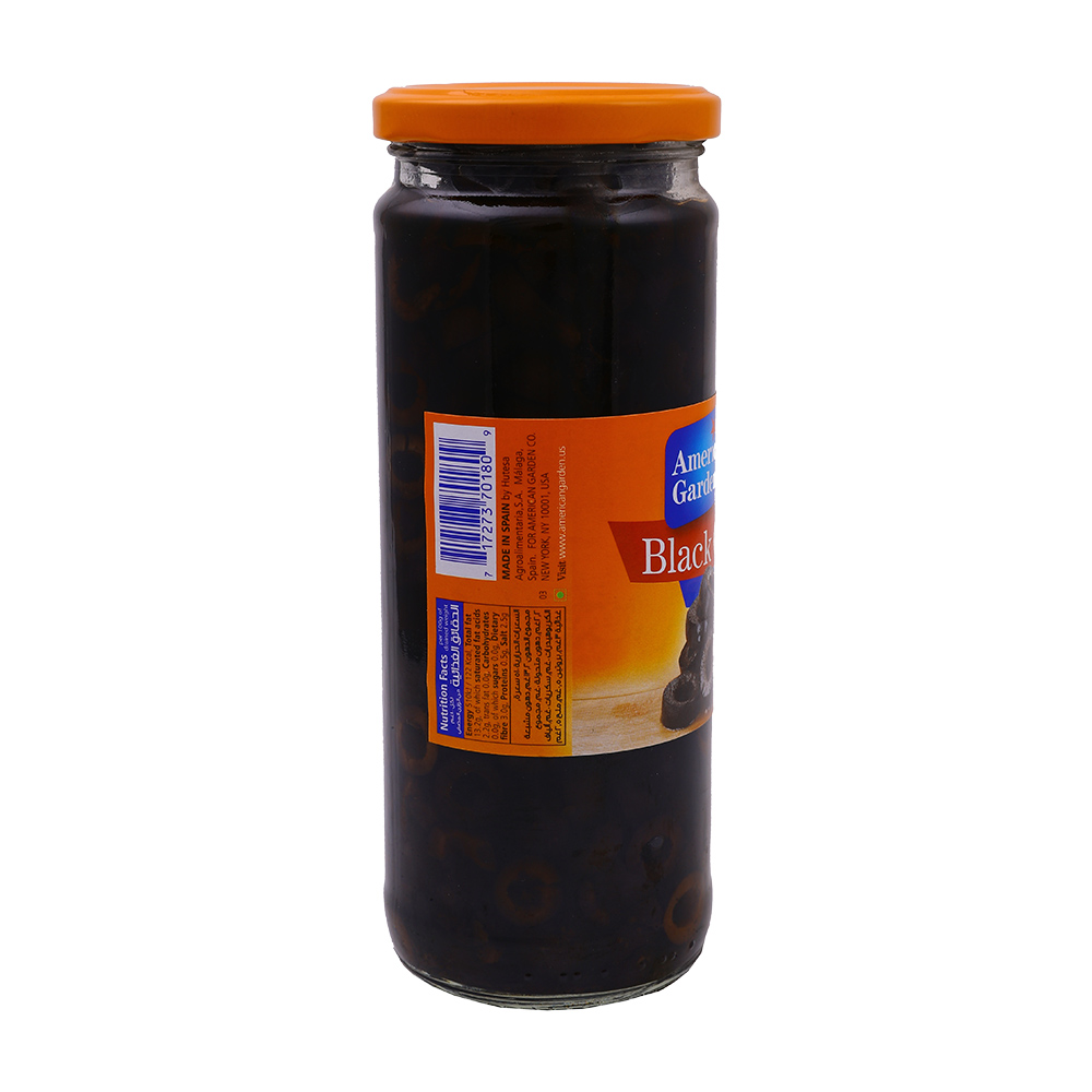 American Garden Sliced Black Olives 450g back image