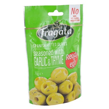 Fragata Spanish Pitted Olives Seasoned With Garlic & Thyme 70g - Available at Alosra Online Supermarket