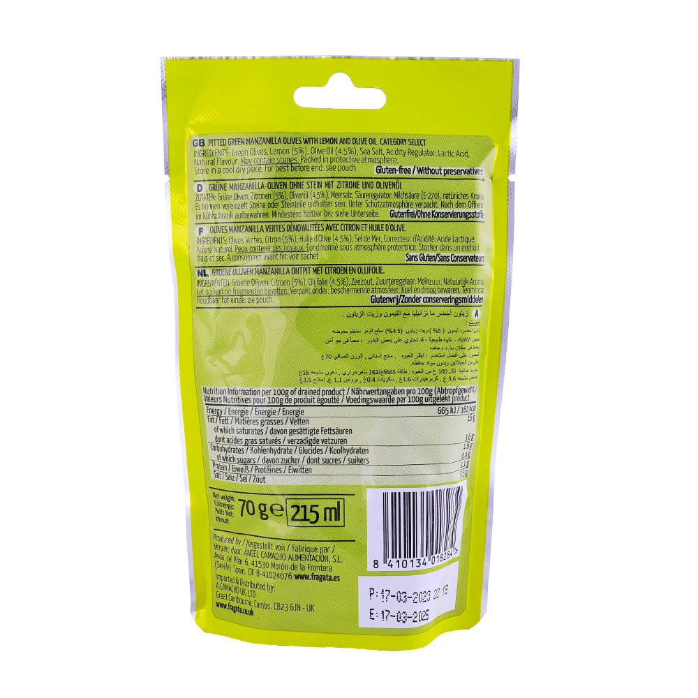 Fragata Spanish Pitted Olives Seasoned With Lemon 70g back image