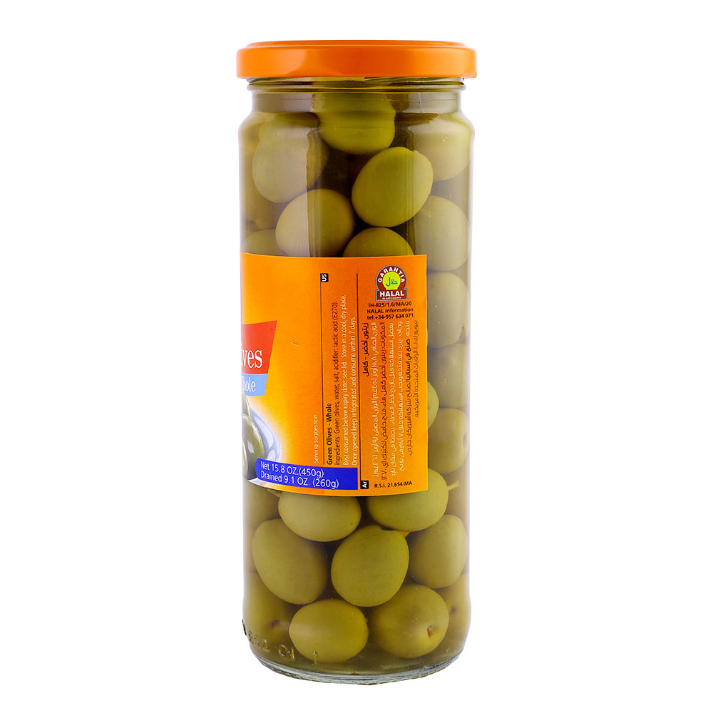 American Garden Green Olives Whole 450g back image