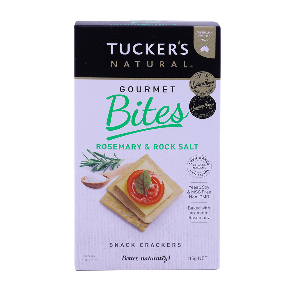 Tuckers Gourmet Bites Rosemary & Rock Salt Crackers 115g - Available at Alosra Online Supermarket