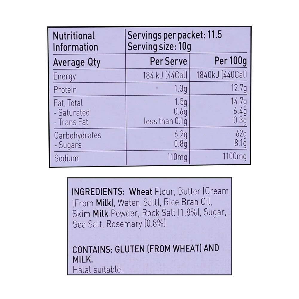 Tuckers Gourmet Bites Rosemary & Rock Salt Crackers 115g right side image