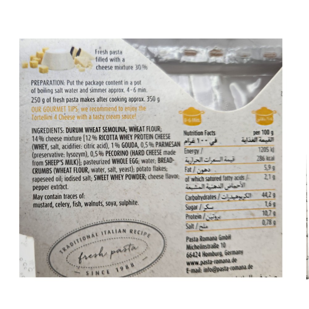 Pasta Romana 4 Cheese Tortellini 250g back image