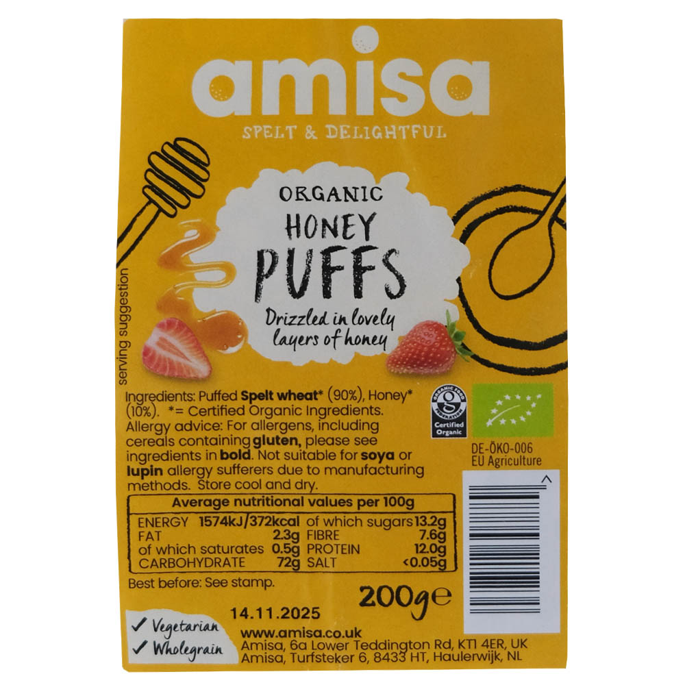 Amisa Organic Spelt Honey Puffs 200g back image