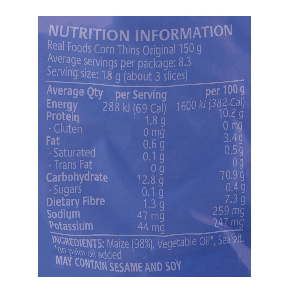 Real Foods Original Corn Thins 150g right side image