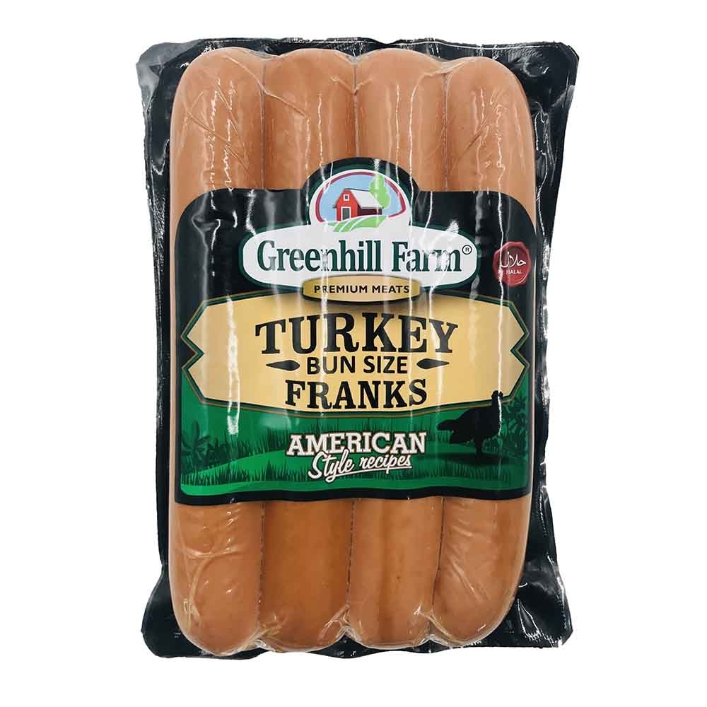 Greenhill Farm Turkey Bun Size Franks 424g - Available at Alosra Online Supermarket
